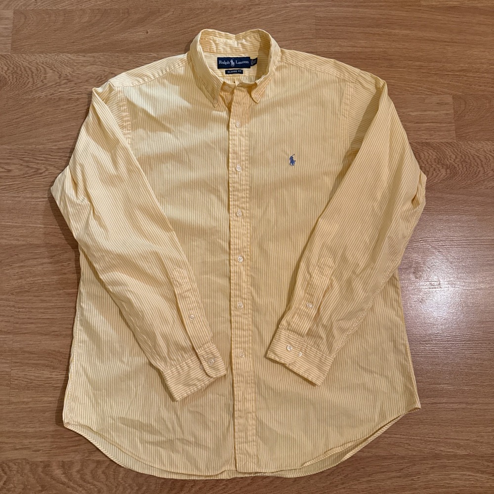 Ralph Lauren Shirt Mens 16.5-34/35 Classic Fit Yellow Stripe Long Sleeve Preppy